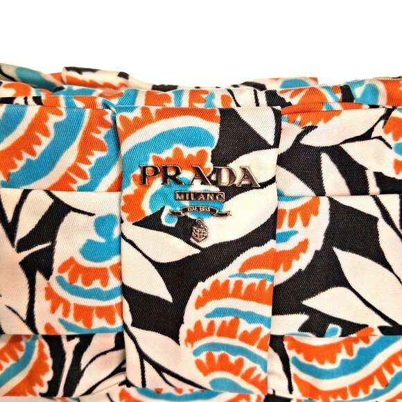 Vintage Prada Mini Wristlet Handbag Clutch White, Orange, Blue, Tropical Floral - Picture 5 of 14